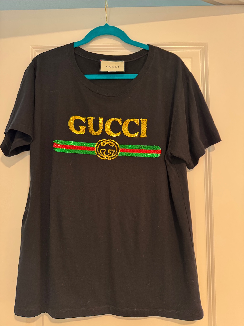 Preowned Sequined Gucci Black Tee With Gold Logo And Green-Red Stripe